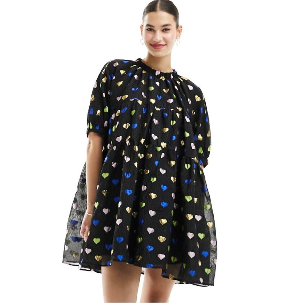 Sister Jane Black Mini Dress with Colorful Heart Pattern